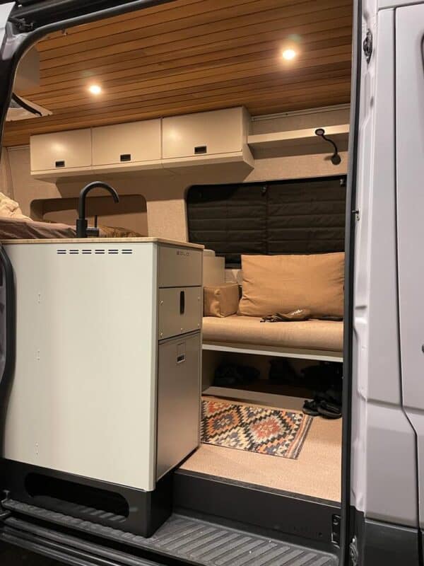 Looking into a Sprinter campervan with the SOLO Interior parts in silk grey.